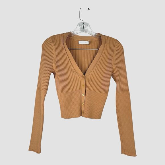 JONATHAN SIMKHAI Estela Cardigan Size S Ribbed Tan Camel Sweater - Picture 2 of 7